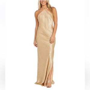 Gold Metallic Halter Side-Slit Gown by Morgan & Company